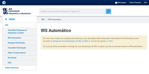 Página do site da Autoridade Tributária relativo ao IRS automático